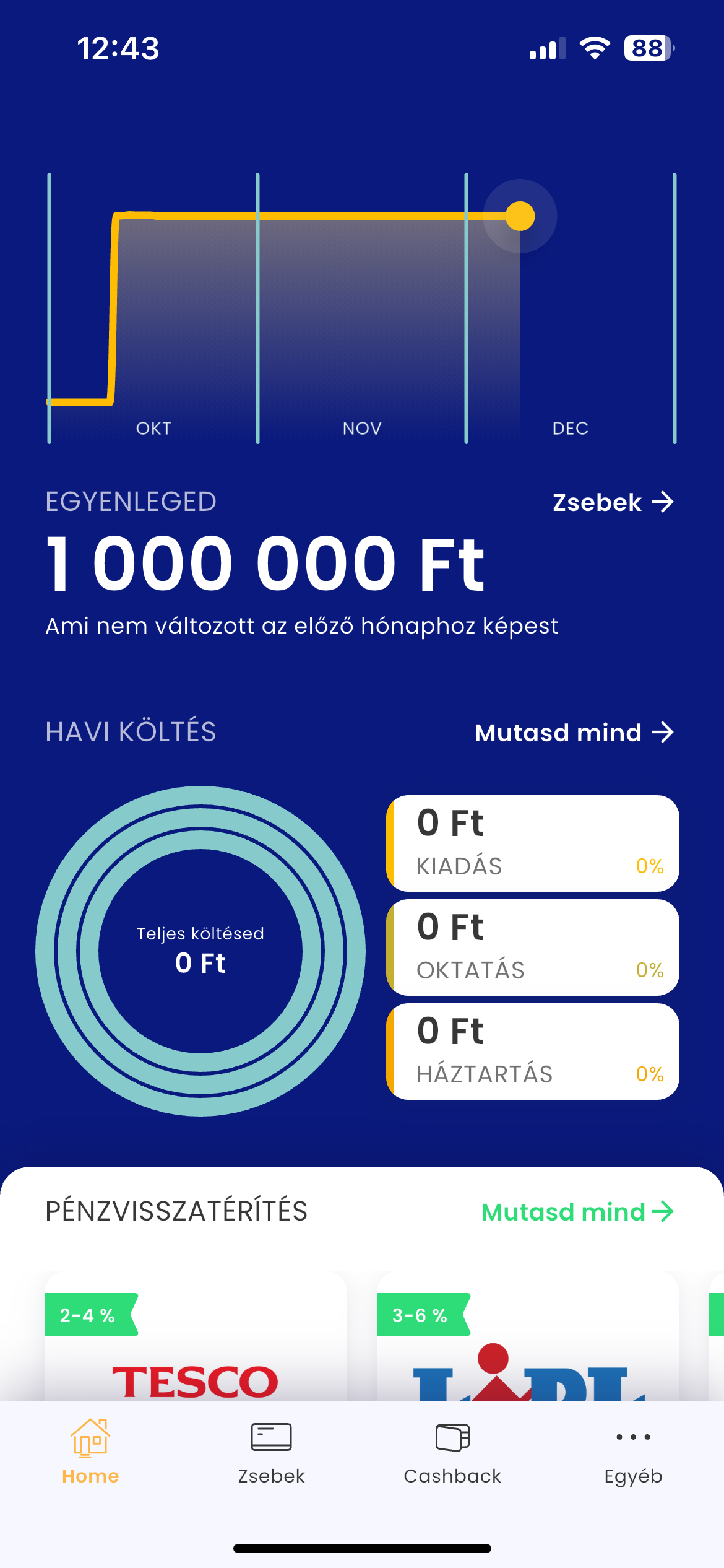 A Szumma alkalmazás kezdőképernyője egyenleggel, havi költéssel és pénzvisszatérítéssel