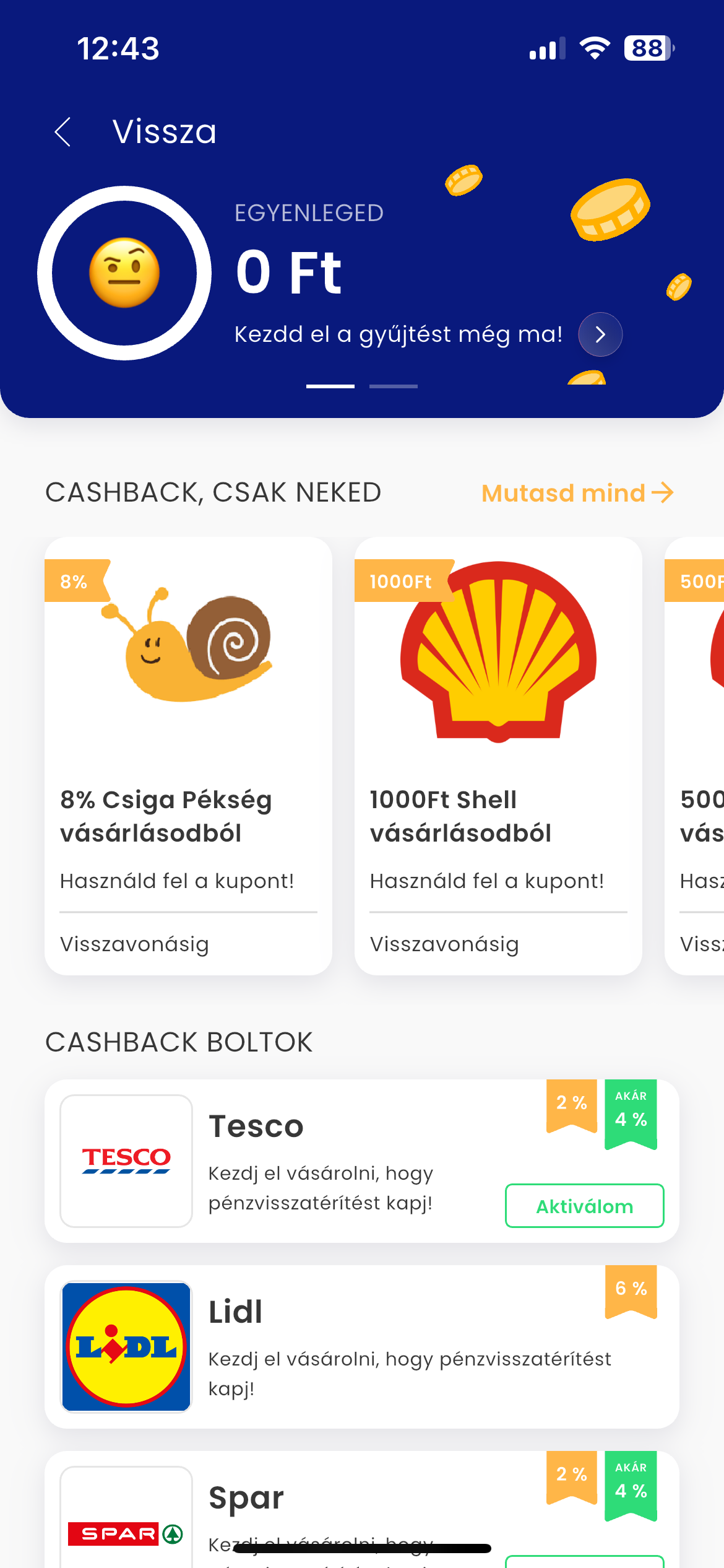 Cashback képernyő a Szumma alkalmazásban